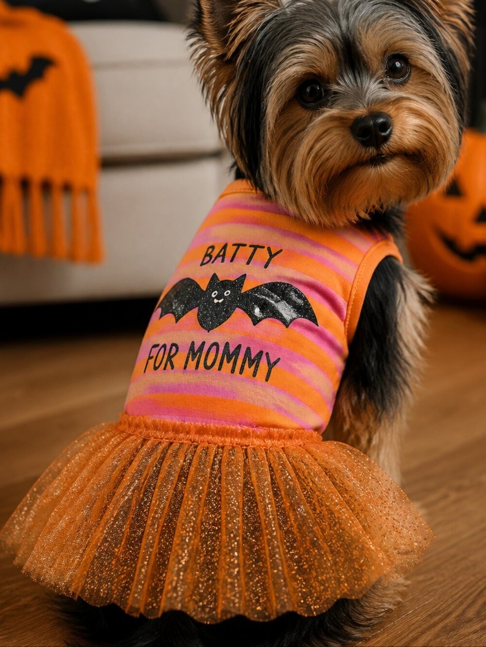 Pet Costume | Halloween Tutu Dog Dress Orange Batty for Mommy Glitter XS Clothes